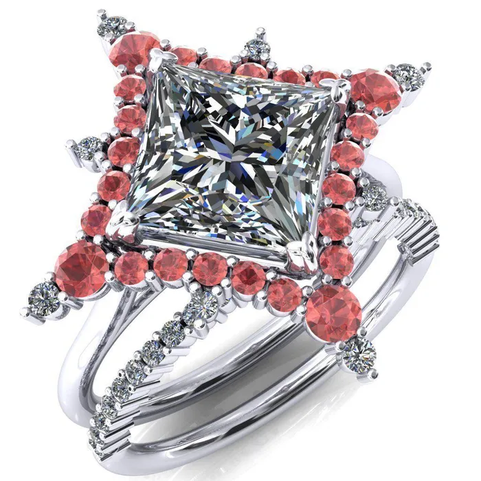 Rings Fire Brilliance Thalim PrincessSquare Moissanite 4Point Star Padparadscha Sapphire and Diamond Halo Ring ver 2