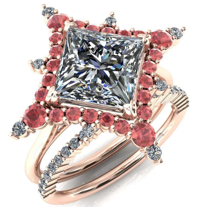 Rings Fire Brilliance Thalim PrincessSquare Moissanite 4Point Star Padparadscha Sapphire and Diamond Halo Ring ver 2
