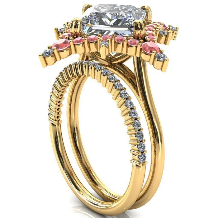 Rings Fire Brilliance Thalim PrincessSquare Moissanite 4Point Star Padparadscha Sapphire and Diamond Halo Ring ver 2