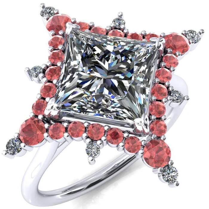 Rings Fire Brilliance Thalim PrincessSquare Moissanite 4Point Star Padparadscha Sapphire and Diamond Halo Ring ver 2