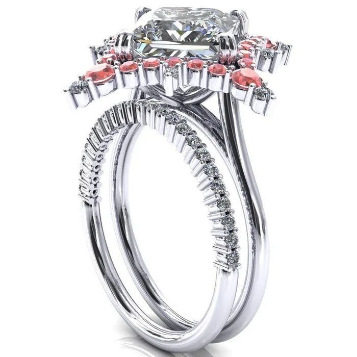 Rings Fire Brilliance Thalim PrincessSquare Moissanite 4Point Star Padparadscha Sapphire and Diamond Halo Ring ver 2