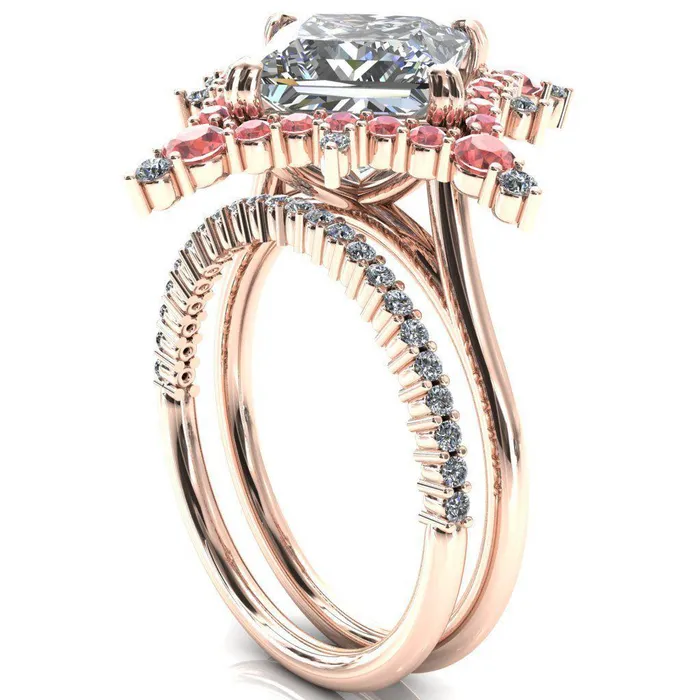 Rings Fire Brilliance Thalim PrincessSquare Moissanite 4Point Star Padparadscha Sapphire and Diamond Halo Ring ver 2