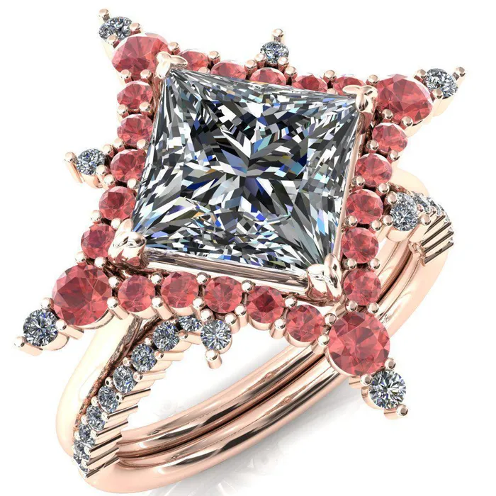 Rings Fire Brilliance Thalim PrincessSquare Moissanite 4Point Star Padparadscha Sapphire and Diamond Halo Ring ver 2