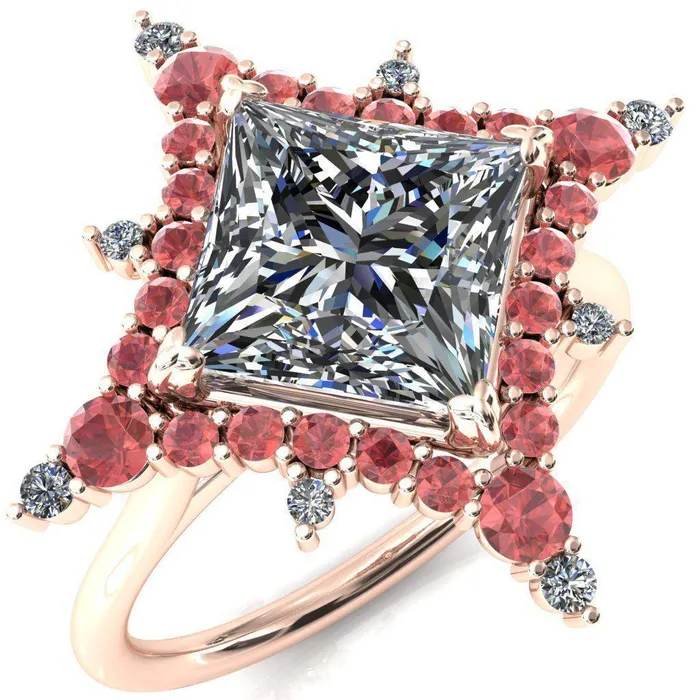 Rings Fire Brilliance Thalim PrincessSquare Moissanite 4Point Star Padparadscha Sapphire and Diamond Halo Ring ver 2