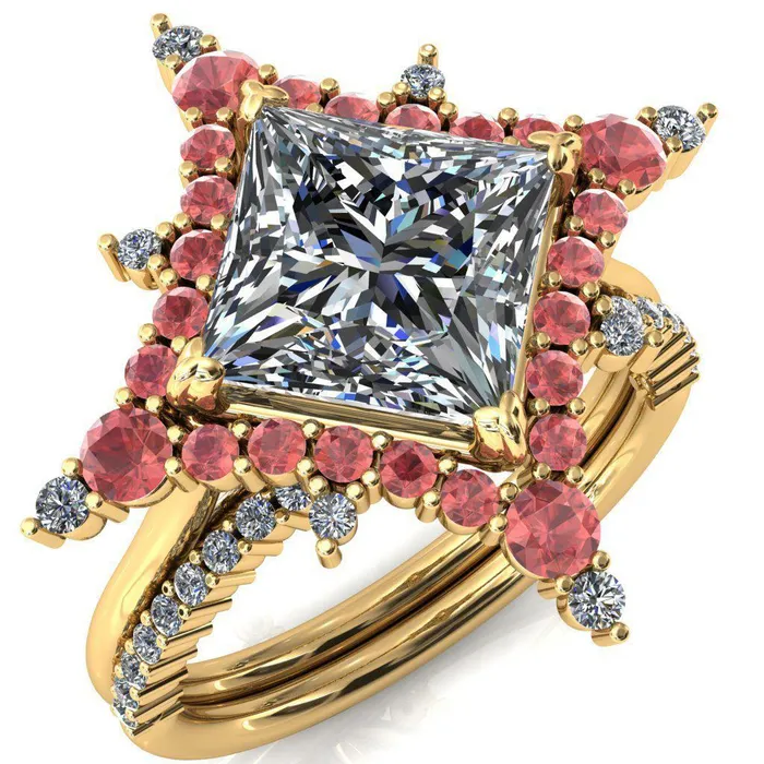 Rings Fire Brilliance Thalim PrincessSquare Moissanite 4Point Star Padparadscha Sapphire and Diamond Halo Ring ver 2