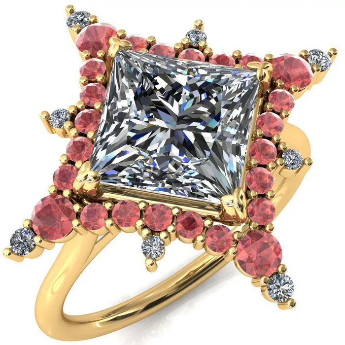 Rings Fire Brilliance Thalim PrincessSquare Moissanite 4Point Star Padparadscha Sapphire and Diamond Halo Ring ver 2