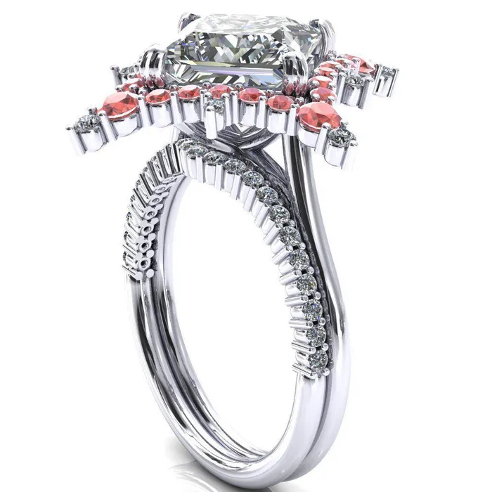 Rings Fire Brilliance Thalim PrincessSquare Moissanite 4Point Star Padparadscha Sapphire and Diamond Halo Ring ver 2