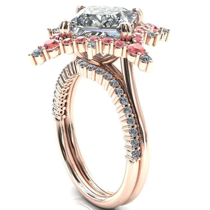 Rings Fire Brilliance Thalim PrincessSquare Moissanite 4Point Star Padparadscha Sapphire and Diamond Halo Ring ver 2