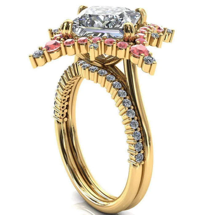 Rings Fire Brilliance Thalim PrincessSquare Moissanite 4Point Star Padparadscha Sapphire and Diamond Halo Ring ver 2