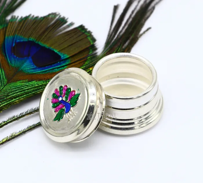 TRIBAL ORNAMENTS Rings 999 pure silver trinket box kajal box brides round shape box peacock design box container tobacco box eyeliner Sindur box gifting stb801