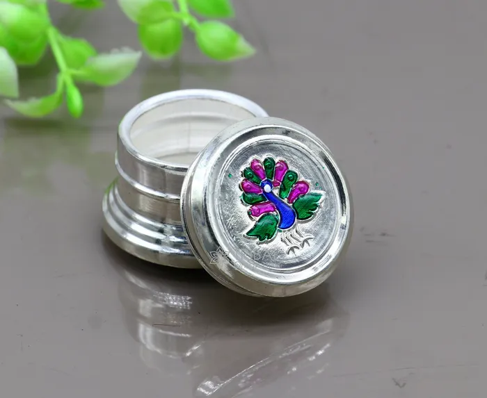 TRIBAL ORNAMENTS Rings 999 pure silver trinket box kajal box brides round shape box peacock design box container tobacco box eyeliner Sindur box gifting stb801