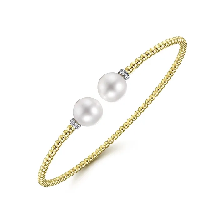 14K Yellow Gold Pearl and Diamond Cuff Bracelet Gabriel Co Bracelets