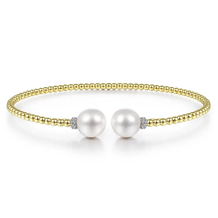 14K Yellow Gold Pearl and Diamond Cuff Bracelet Gabriel Co Bracelets