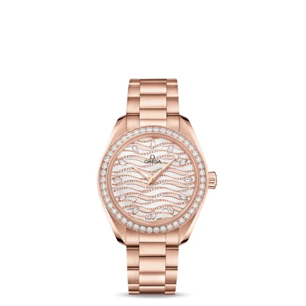 Bracelets Omega Seamaster 34mm Watch Ref 22055342099006 White Pave Diamond Index Dial Diamond Bezel 18K Rose Gold Bracelet Omega Bracelets Omega Seamaster 34mm Watch Ref 22055342099006 White Pave Diamond Index Dial Diamond Bezel 18K Rose Gold Bracelet Omega