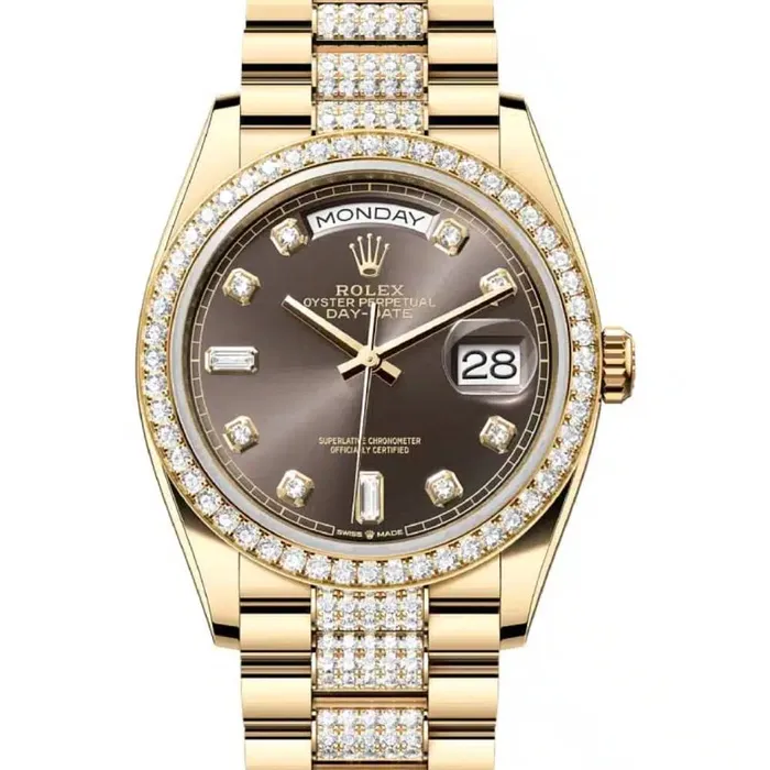 Bracelets Rolex Rolex Day Date 36mm Ref 128348rbr0007 Dark Grey Diamond Dial Diamond Bezel 18K Yellow Gold Diamonds President Bracelet Watch