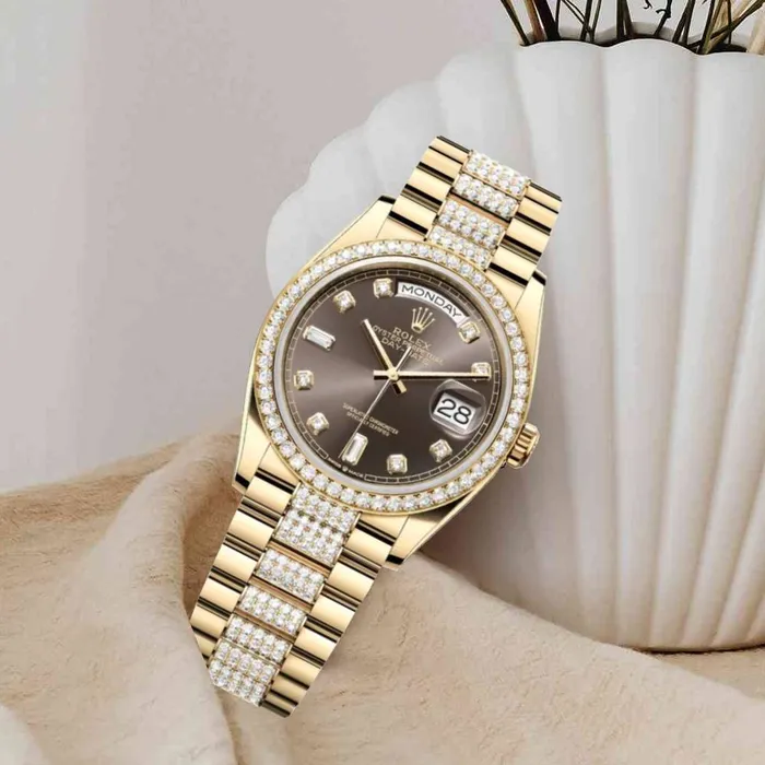 Bracelets Rolex Rolex Day Date 36mm Ref 128348rbr0007 Dark Grey Diamond Dial Diamond Bezel 18K Yellow Gold Diamonds President Bracelet Watch