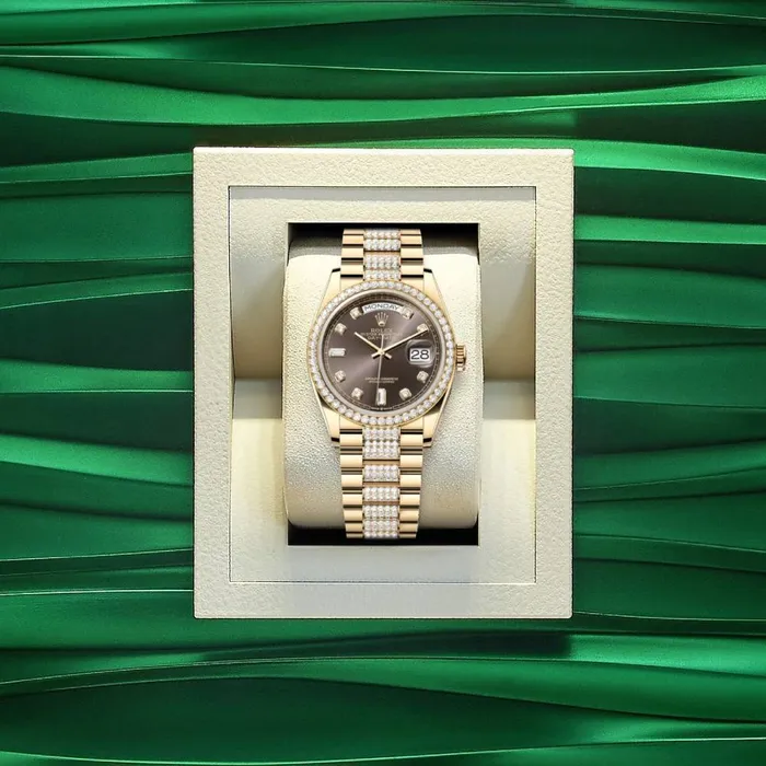 Bracelets Rolex Rolex Day Date 36mm Ref 128348rbr0007 Dark Grey Diamond Dial Diamond Bezel 18K Yellow Gold Diamonds President Bracelet Watch