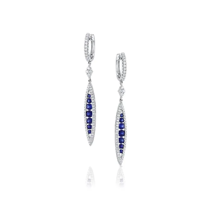 CJ Charles Jewelers Earrings 18k White Gold Diamond and Sapphire Drop Point Huggie Earrings CJ Charles Jewelers Earrings 18k White Gold Diamond and Sapphire Drop Point Huggie Earrings