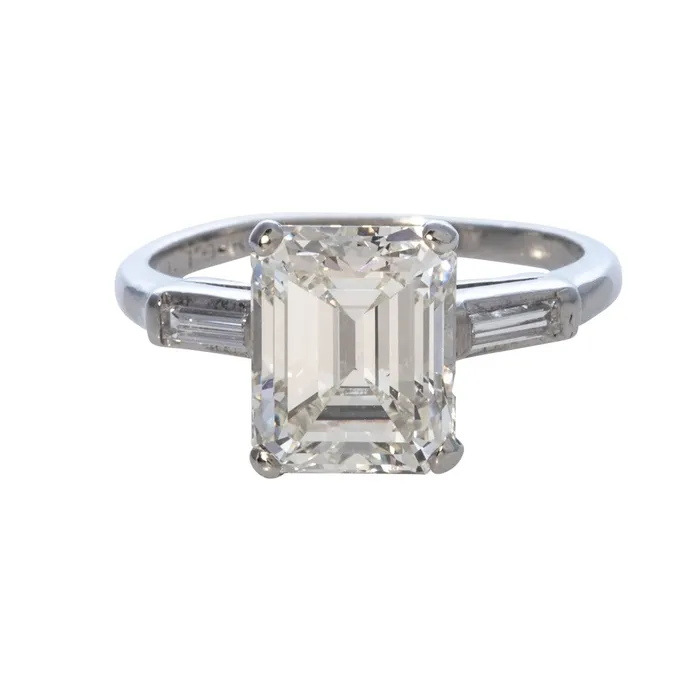 Croghans Rings Estate 3ct EmeraldCut 10ct Baguette Side Diamond Platinum Ring