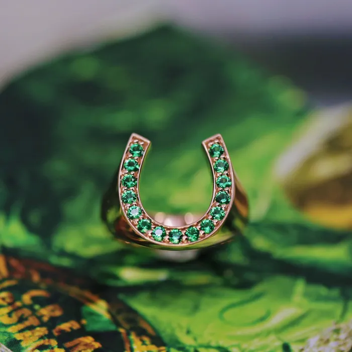 Diffused Round Brilliant Green Emerald Horseshoe Ring Set in 14K Yellow Gold 020ct tw Diamond Source NYC Rings Diffused Round Brilliant Green Emerald Horseshoe Ring Set in 14K Yellow Gold 020ct tw Diamond Source NYC Rings
