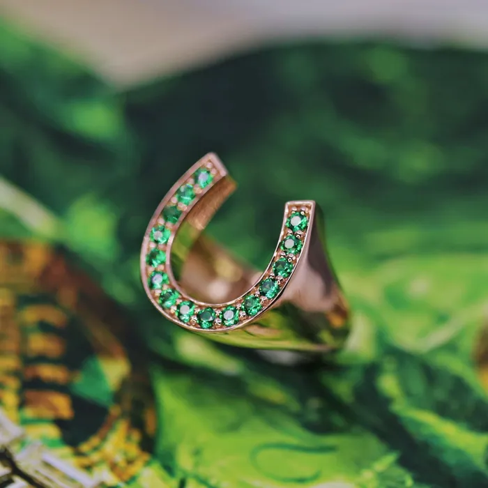 Diffused Round Brilliant Green Emerald Horseshoe Ring Set in 14K Yellow Gold 020ct tw Diamond Source NYC Rings