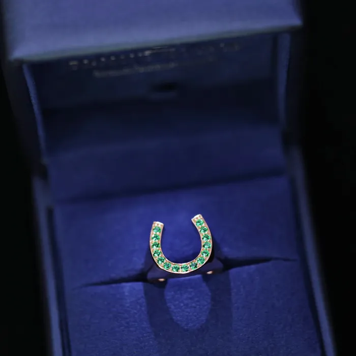 Diffused Round Brilliant Green Emerald Horseshoe Ring Set in 14K Yellow Gold 020ct tw Diamond Source NYC Rings