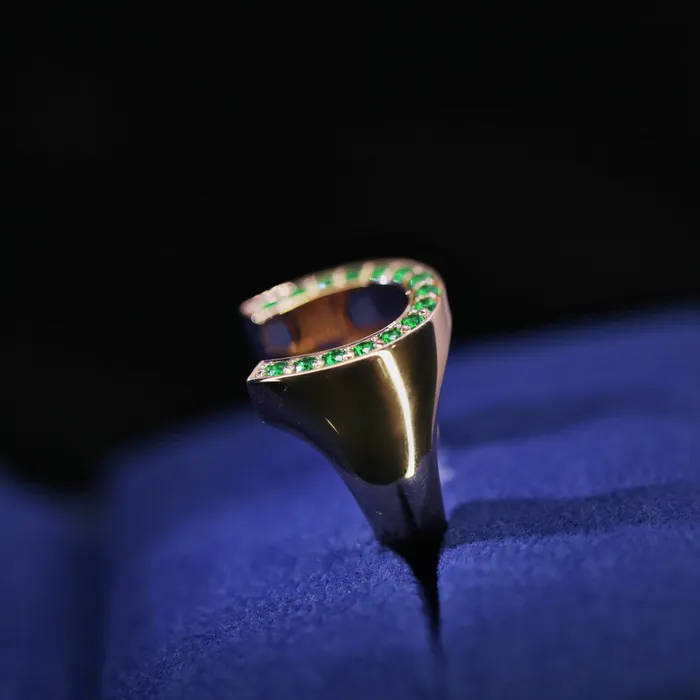 Diffused Round Brilliant Green Emerald Horseshoe Ring Set in 14K Yellow Gold 020ct tw Diamond Source NYC Rings