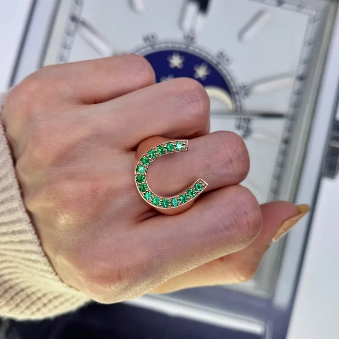 Diffused Round Brilliant Green Emerald Horseshoe Ring Set in 14K Yellow Gold 020ct tw Diamond Source NYC Rings