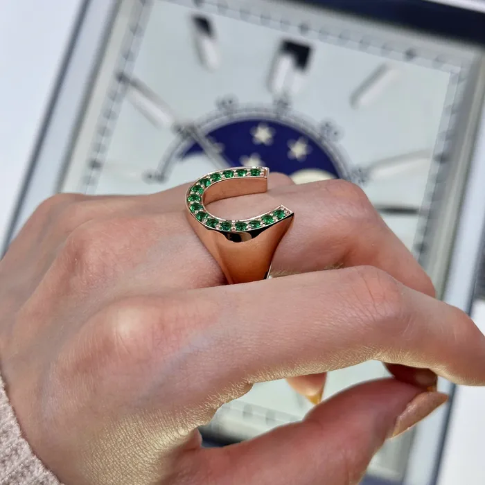 Diffused Round Brilliant Green Emerald Horseshoe Ring Set in 14K Yellow Gold 020ct tw Diamond Source NYC Rings