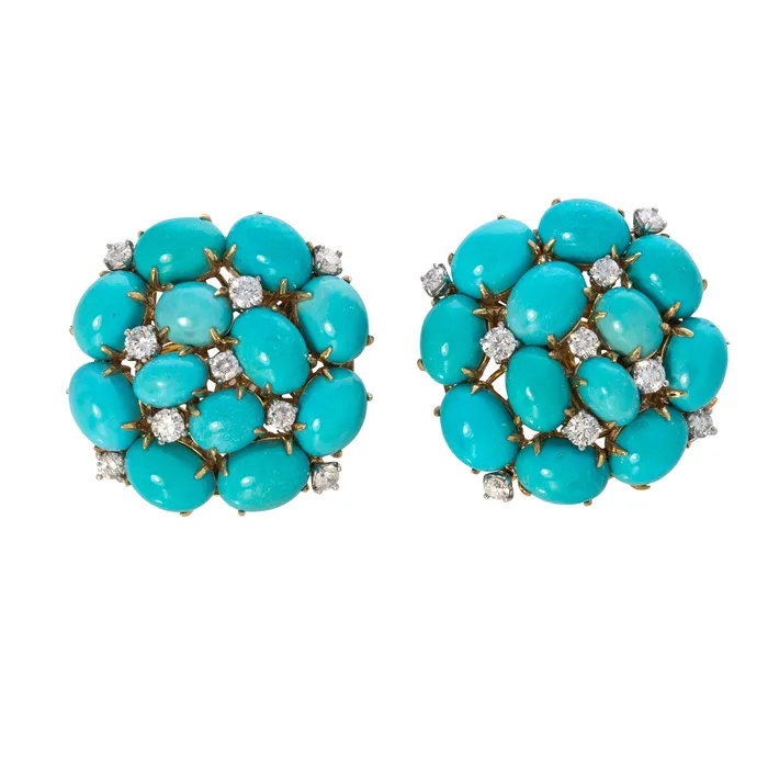 Earrings Croghans Vintage Turquoise Diamond 18K Gold ClipOn Earrings