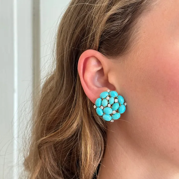 Earrings Croghans Vintage Turquoise Diamond 18K Gold ClipOn Earrings