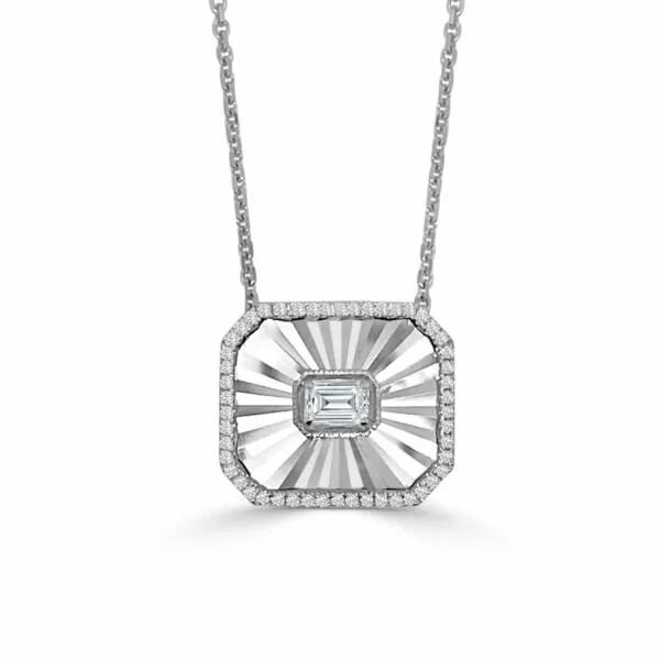 Frederic Sage 14K White Gold Medium Bella Pendant with Emerald Diamond Center and Round Diamond Halo Frederic Sage Necklaces Frederic Sage 14K White Gold Medium Bella Pendant with Emerald Diamond Center and Round Diamond Halo Frederic Sage Necklaces