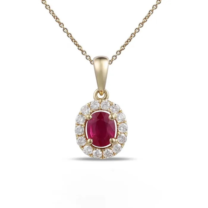 Meierotto Jewelers PreStyled Sets 18K Yellow Gold Oval Ruby with Diamond Halo Pendant Meierotto Jewelers PreStyled Sets 18K Yellow Gold Oval Ruby with Diamond Halo Pendant