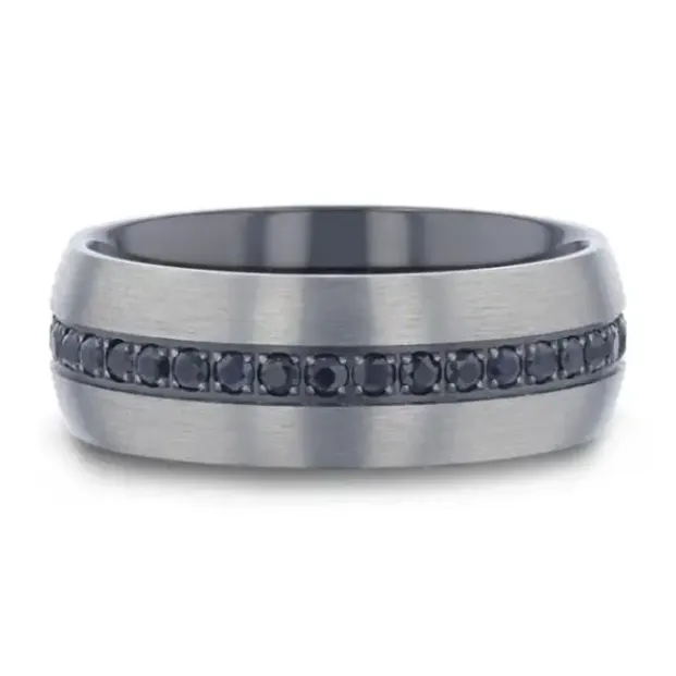 Mens Bands Domed Brushed Titanium 8mm Band with Black Sapphire Rings