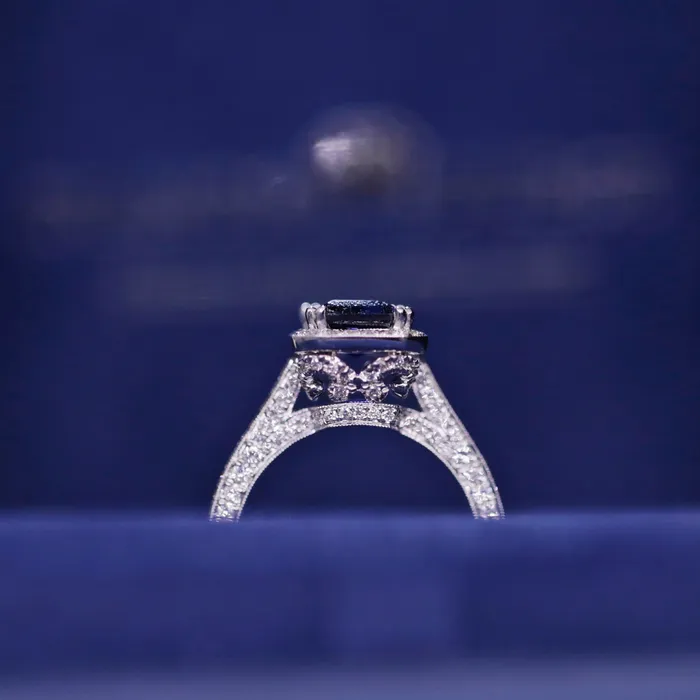 Natural Blue Sapphire Emerald Cut Three Stone Ring Set in 18K White Gold 410ct tw Diamond Source NYC Rings
