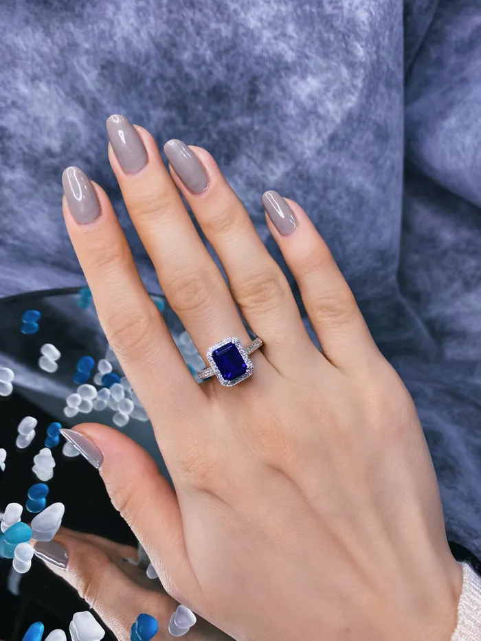 Natural Blue Sapphire Emerald Cut Three Stone Ring Set in 18K White Gold 410ct tw Diamond Source NYC Rings