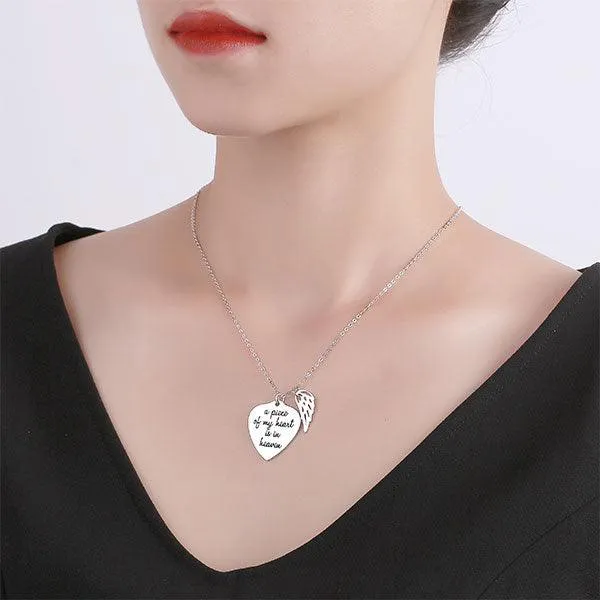 Necklaces Belbren Personalized Memorial Heart Necklace with Angel Wing Charm in Sterling Silver Custom Engraved Remembrance Jewelry
