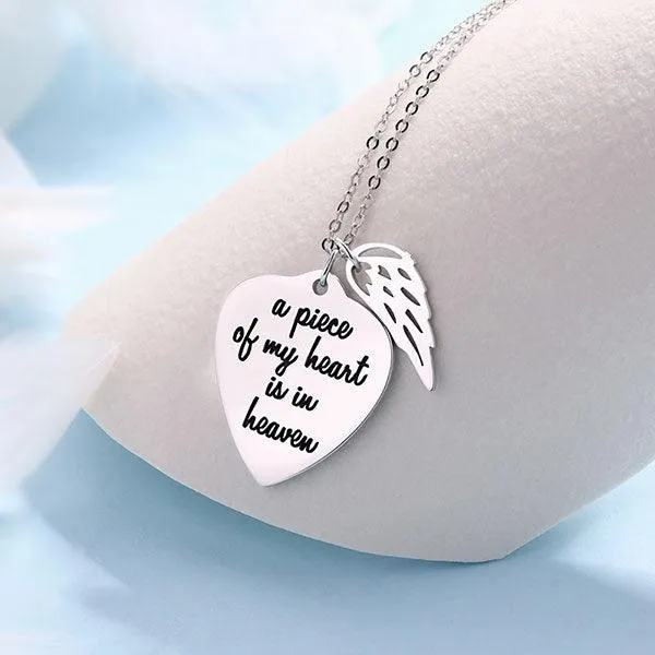 Necklaces Belbren Personalized Memorial Heart Necklace with Angel Wing Charm in Sterling Silver Custom Engraved Remembrance Jewelry
