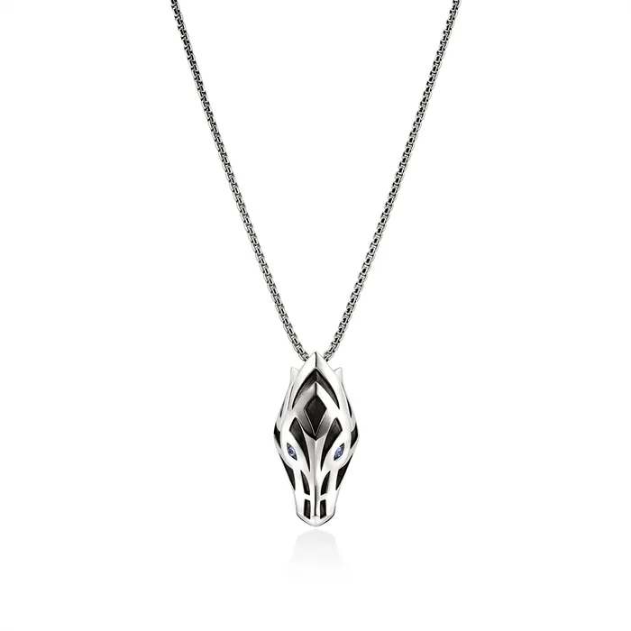 Necklaces John Hardy John Hardy Naga Silver Pendant with Blue Sapphire Eyes on a 27mm Box Chain Necklace Necklaces John Hardy John Hardy Naga Silver Pendant with Blue Sapphire Eyes on a 27mm Box Chain Necklace