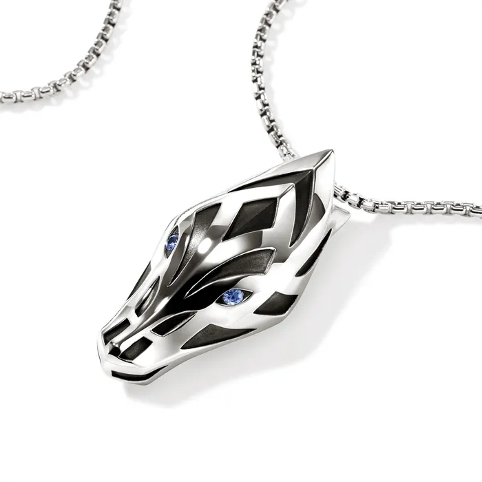 Necklaces John Hardy John Hardy Naga Silver Pendant with Blue Sapphire Eyes on a 27mm Box Chain Necklace Necklaces John Hardy John Hardy Naga Silver Pendant with Blue Sapphire Eyes on a 27mm Box Chain Necklace