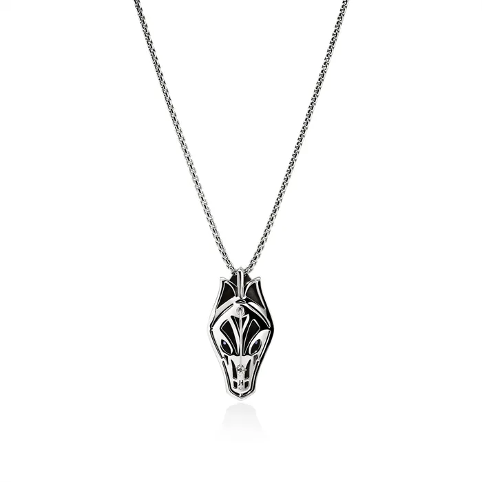 Necklaces John Hardy John Hardy Naga Silver Pendant with Blue Sapphire Eyes on a 27mm Box Chain Necklace Necklaces John Hardy John Hardy Naga Silver Pendant with Blue Sapphire Eyes on a 27mm Box Chain Necklace