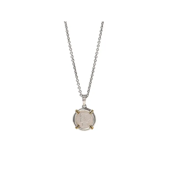 Necklaces John Varvatos Sterling Silver and Brass Pendant Necklace with 18mm Mercury Dime 24 inch