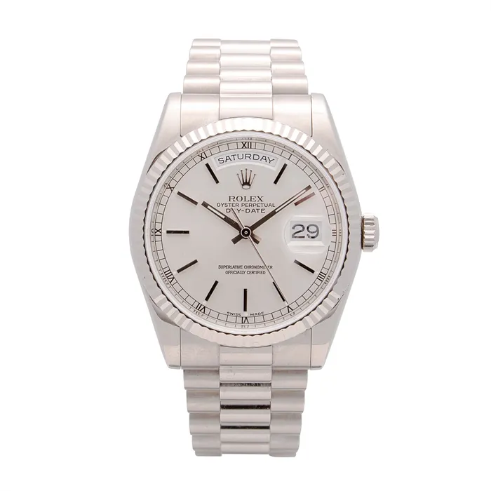 Necklaces Preowned Rolex Rolex DayDate 36 President 18K White Gold Silver Dial Automatic Preowned