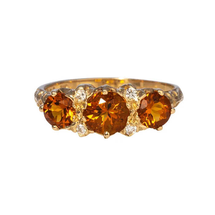 Rings Croghans ThreeStone Round Citrine Diamond 14K Yellow Gold Ring