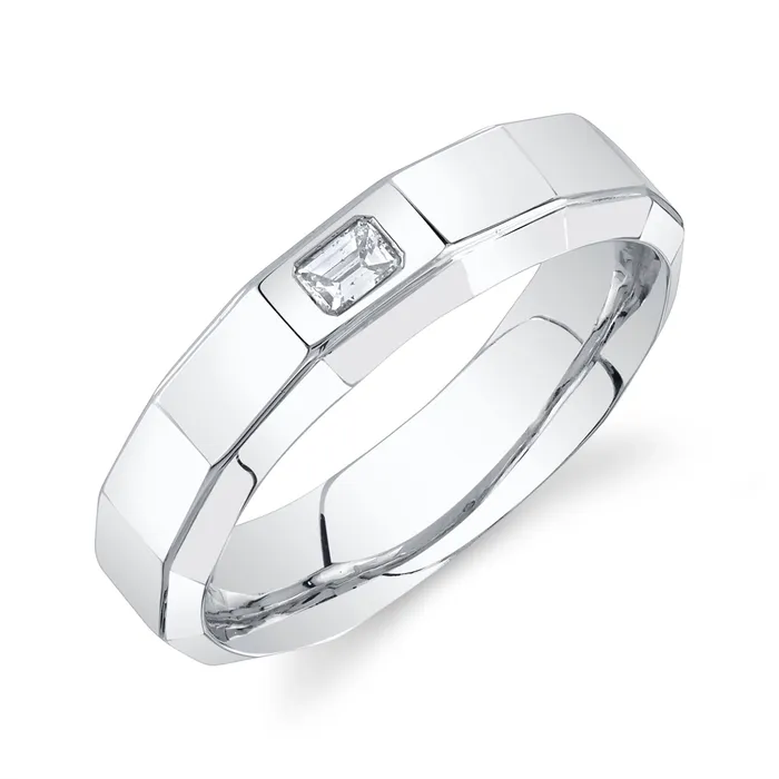 Rings Mens Bands 14K White Gold Mens Faceted Emerald Cut Diamond Band