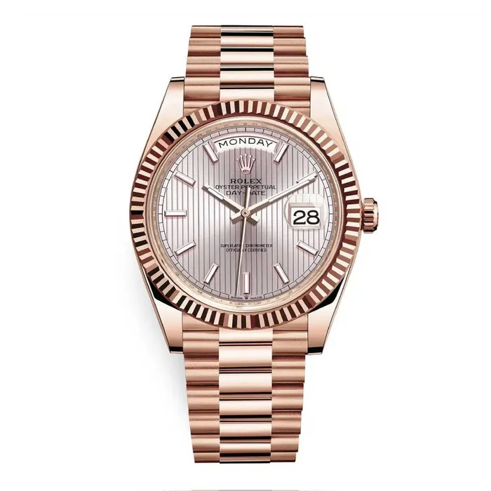 Rolex Bracelets Rolex Day Date 40mm Ref 2282350005 Silver Stripe Motif Stick Dial Fluted Bezel 18K Rose Gold President Bracelet Mens Watch Rolex Bracelets Rolex Day Date 40mm Ref 2282350005 Silver Stripe Motif Stick Dial Fluted Bezel 18K Rose Gold President Bracelet Mens Watch