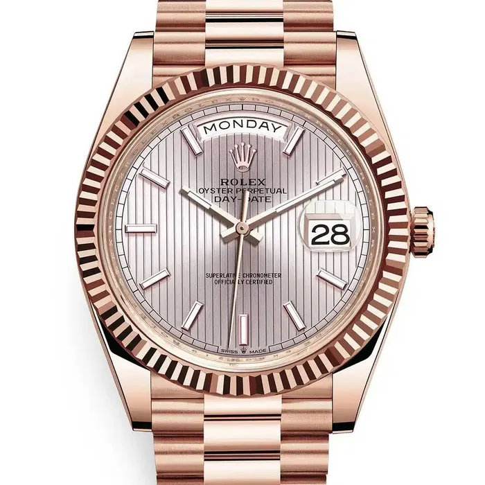 Rolex Bracelets Rolex Day Date 40mm Ref 2282350005 Silver Stripe Motif Stick Dial Fluted Bezel 18K Rose Gold President Bracelet Mens Watch