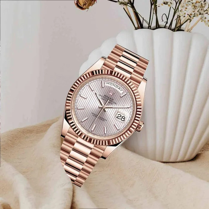 Rolex Bracelets Rolex Day Date 40mm Ref 2282350005 Silver Stripe Motif Stick Dial Fluted Bezel 18K Rose Gold President Bracelet Mens Watch