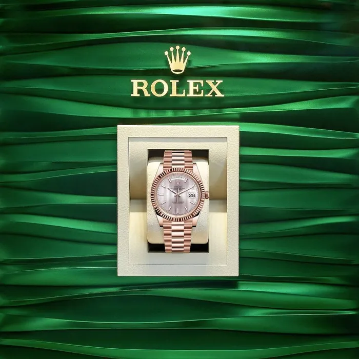Rolex Bracelets Rolex Day Date 40mm Ref 2282350005 Silver Stripe Motif Stick Dial Fluted Bezel 18K Rose Gold President Bracelet Mens Watch