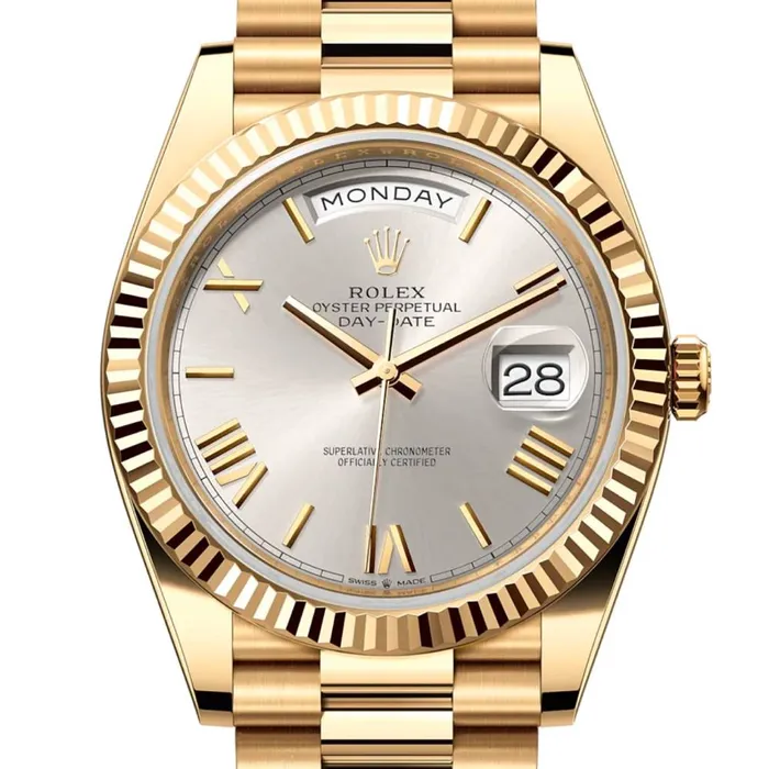 Rolex Bracelets Rolex Day Date 40mm Ref 2282380002 Silver Roman Dial Fluted Bezel 18K Yellow Gold President Bracelet Mens Watch